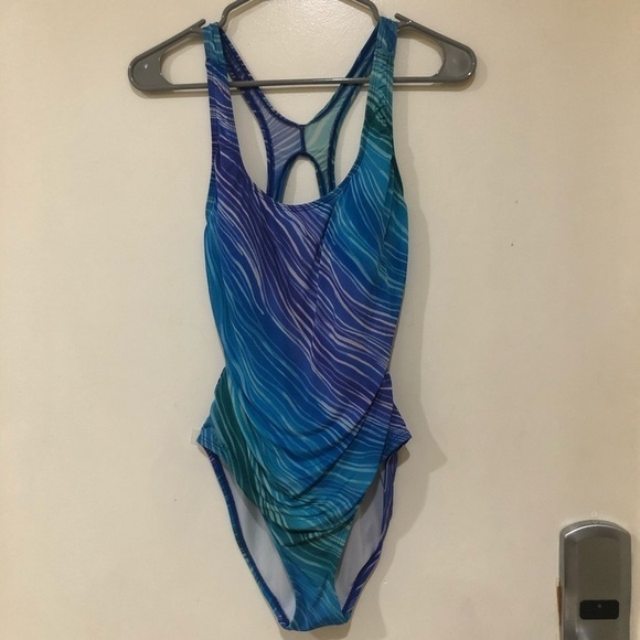 Speedo Blue & Purple Striped Padded One Piece Swimsuit Size 8 - Picture 1 of 8